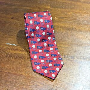 Lands’ End Mens Silk Tie Golf Theme Red Blue White 18th Hole Flags Balls Novelty
